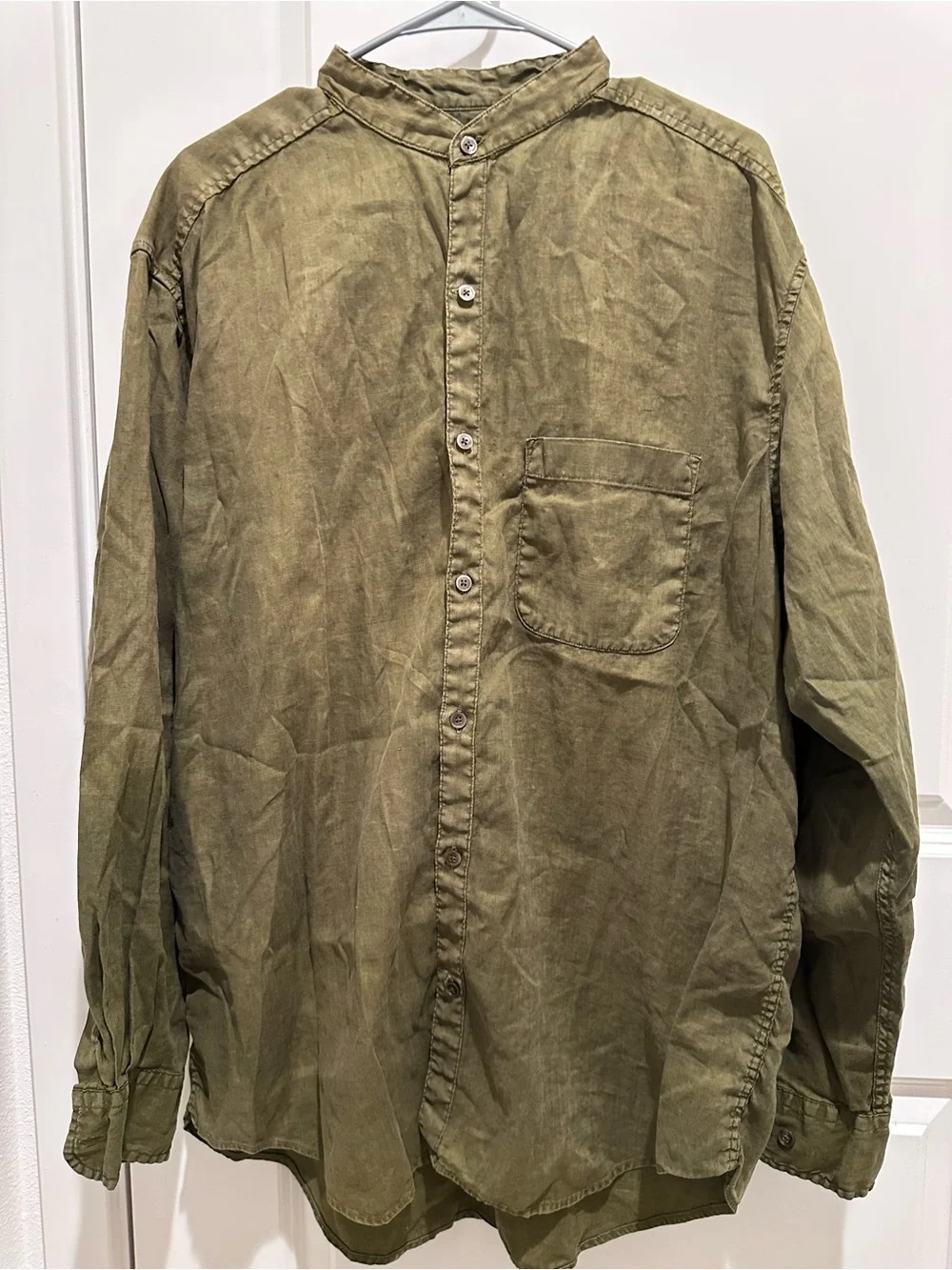 Banana Republic Olive Green Mandarin Collar Linen Button-Down Shirt